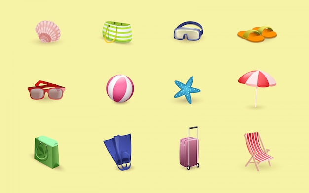 Vector travelers items, seaside resort, beach accessories