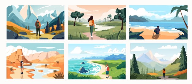 Vector travelers looking at scenery cartoon persons exploring nature and landscape persons