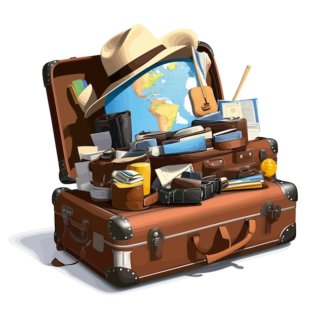 Travelers suitcase fedora hat photocamera map illustration