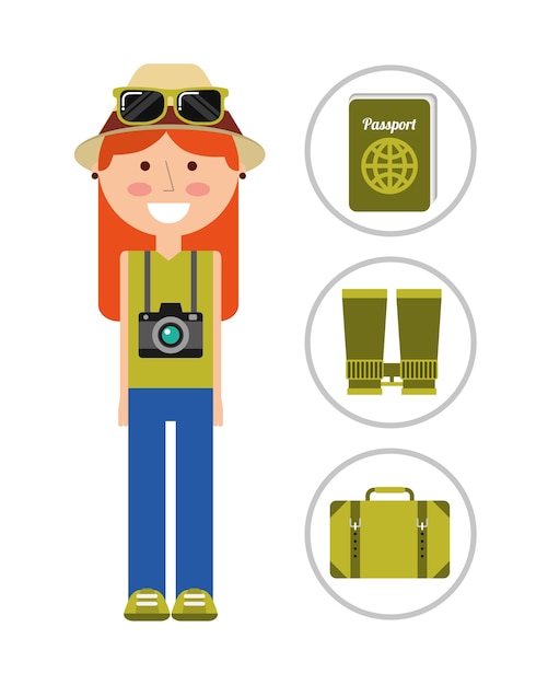 Vector travelers vacation woman with camera hat and sunglasses