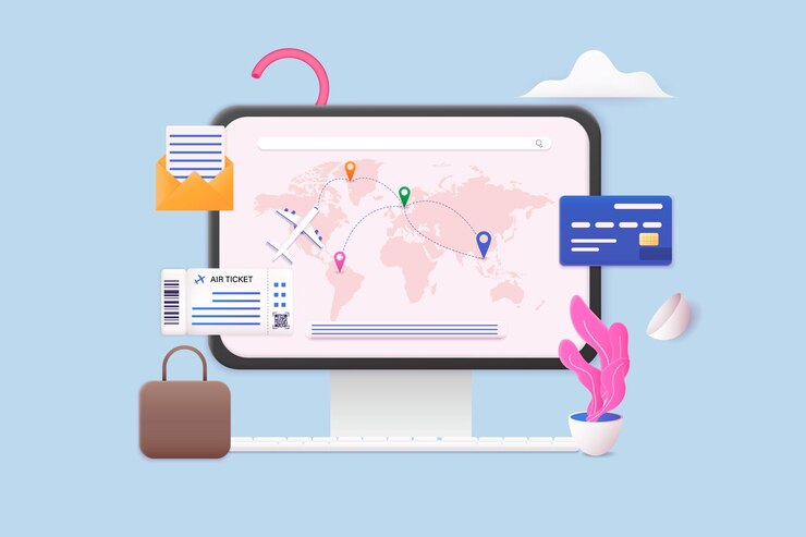 Vector traveling on airplane planning a summer vacation tourism online ticket concept 3d