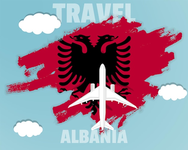 Traveling to Albania top view passenger plane on Albania flag country tourism banner idea