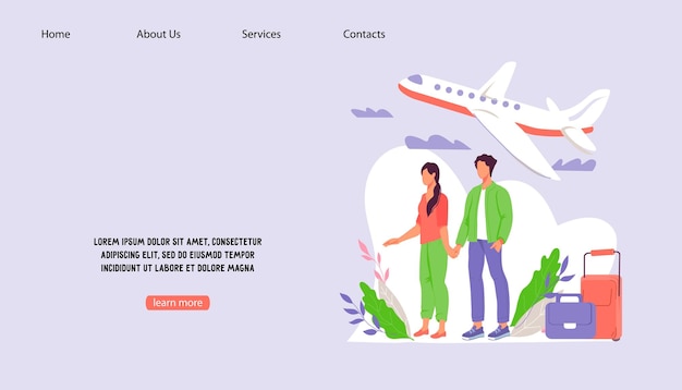 飛行機のベクトルを背景に若いカップルとの旅行や予約のウェブサイトのインターフェイス