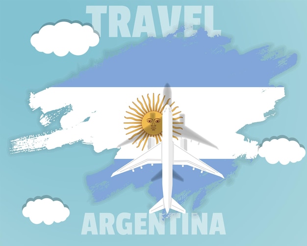 Traveling to Argentina top view passenger plane on Argentina flag country tourism banner idea