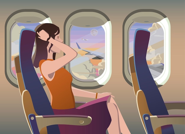 Traveling by plane, a girl on vacation flies by plane.