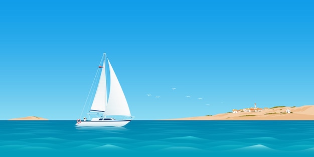 Traveling by sailboat at sea Warm seascape with a sailboat White sailboat and an island