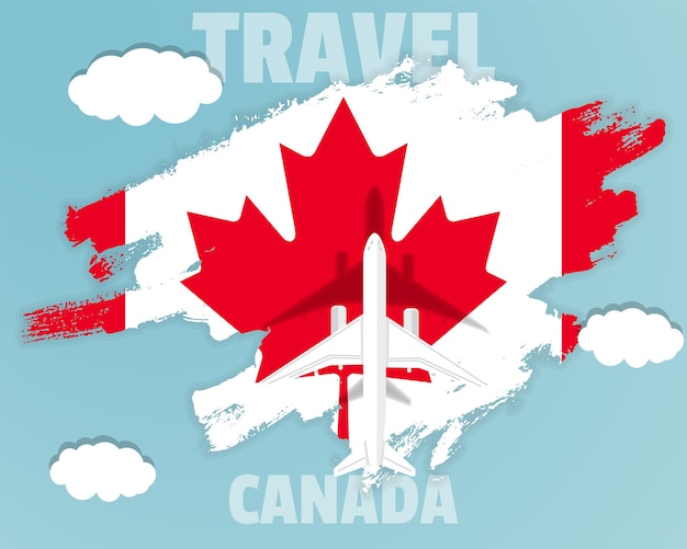 Traveling to canada top view passenger plane on canada flag country tourism banner idea