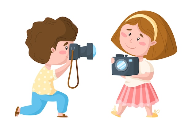 Vector traveling cartoon cute boy and girl with photo camera