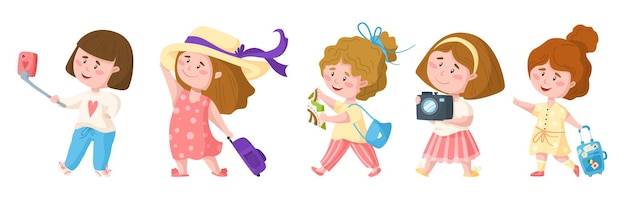 Traveling cartoon cute pretty girls, kids travel or vacation clipart set