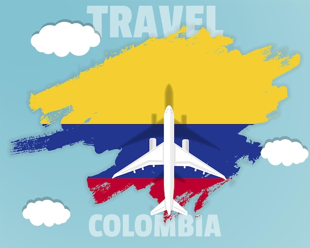 Traveling to Colombia top view passenger plane on Colombia flag country tourism banner idea