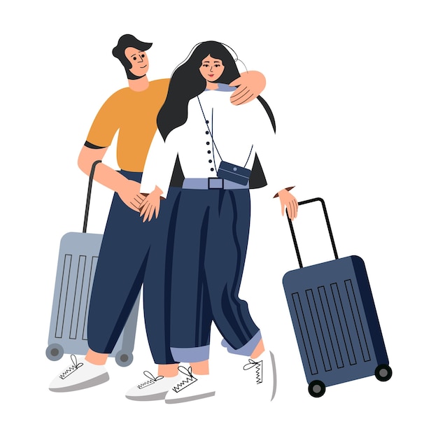 벡터 공항에서 여행하는 커플 남자와 여행 가방을 들고 손을 잡고 있는 여자