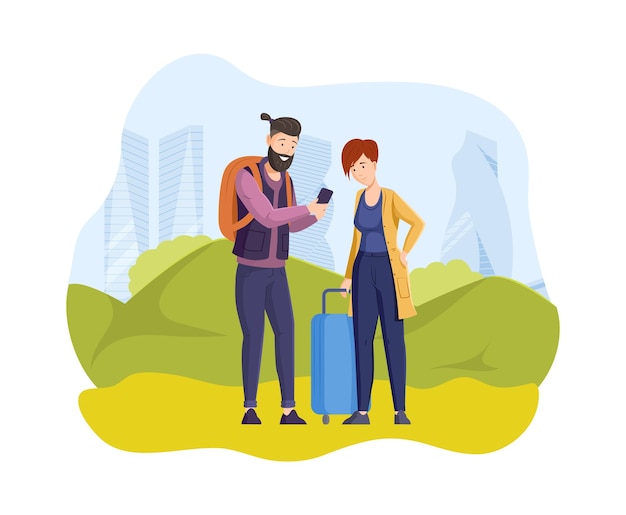 Vector traveling couple standing with suitcase and calling online