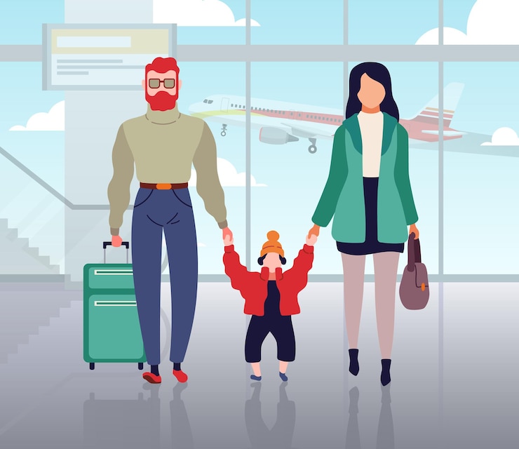 Vector traveling couple with child in airport