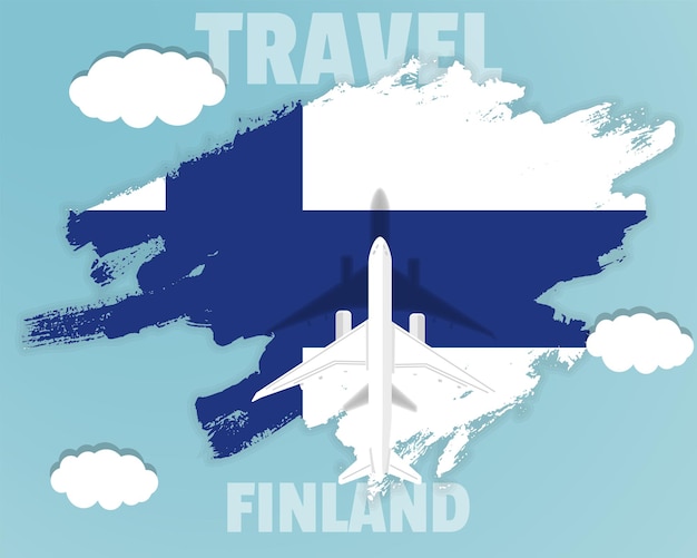 Vector traveling to finland top view passenger plane on finland flag country tourism banner idea