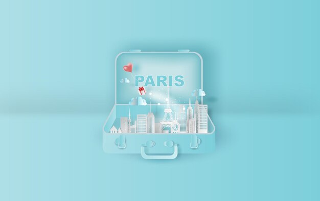 Traveling holiday hotel booking Eiffel tower Paris city Website Travel landmarks suitcase concept