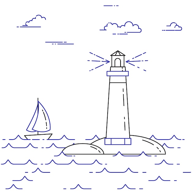 Traveling horizontal banner with sailboat on waves, lighthouse
and clouds. flat line art elements. vector illustration. concept
for trip, tourism, travel agency, hotels, yachting, recreation
card.