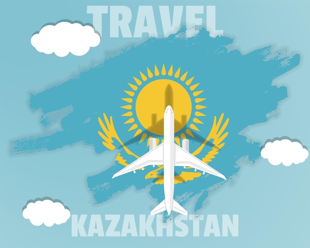 Traveling to Kazakhstan top view passenger plane on Kazakhstan flag country tourism banner idea