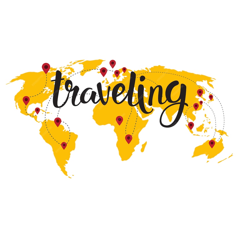 Premium Vector | Traveling lettering over world map