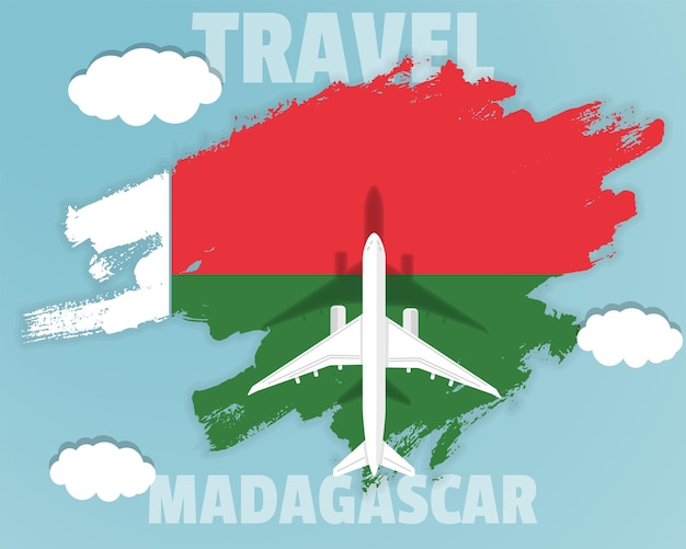 Traveling to Madagascar top view passenger plane on Madagascar flag country tourism banner idea