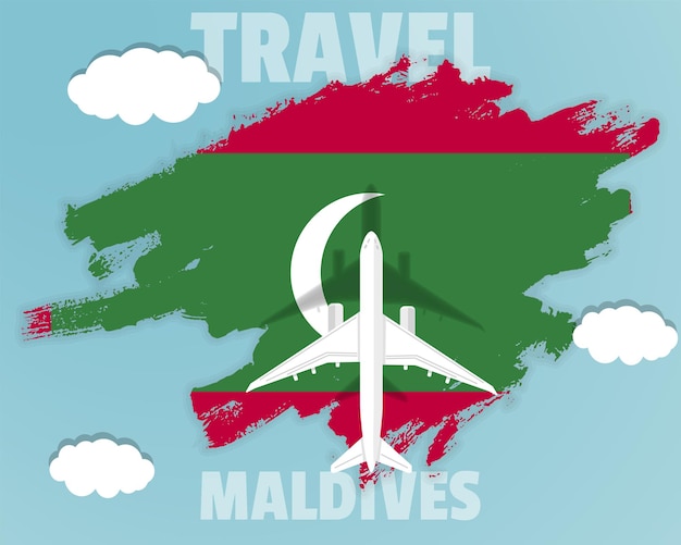 Traveling to Maldives top view passenger plane on Maldives flag country tourism banner idea