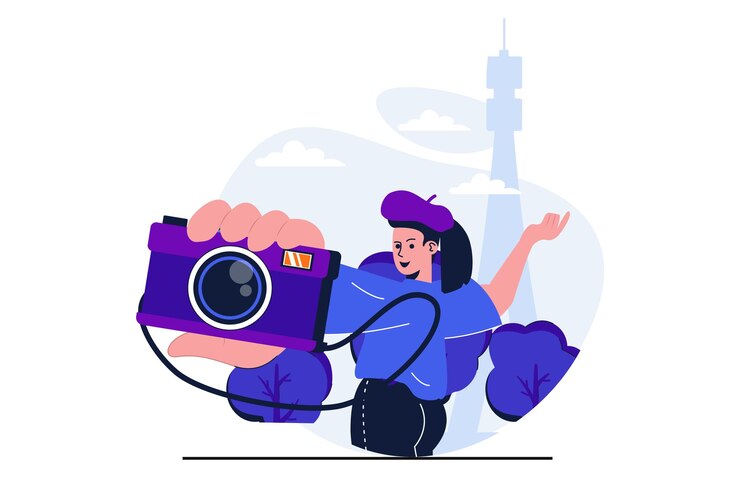 Vector traveling modern flat concept for web banner design woman traveler making selfie on camera posing