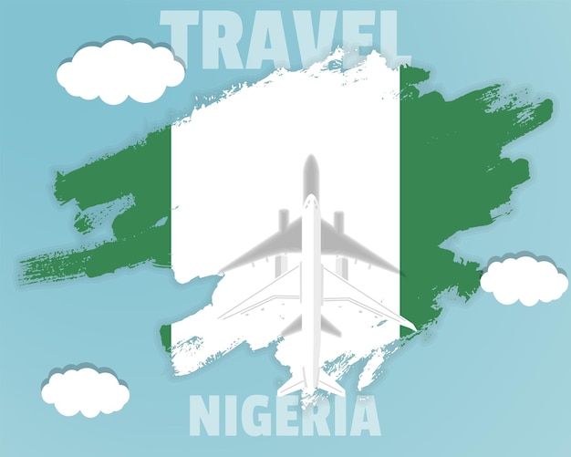 Traveling to Nigeria top view passenger plane on Nigeria flag country tourism banner idea