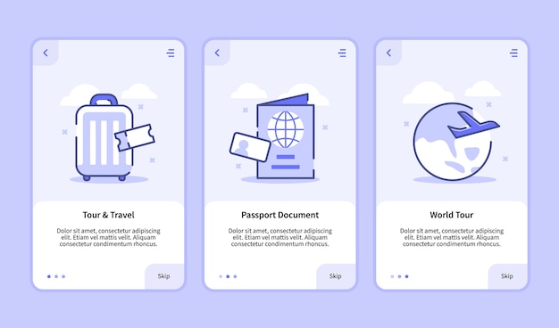 Traveling onboarding screen modern user interface UX UI template for mobile apps smartphone tour and travel passport document world tour with flat style