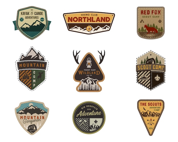 Vector traveling, outdoor badge collection. scout camp emblem set. vintage hand drawn design. stock vector illustration, insignias, rustic patches. isolated on white background.