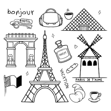 Premium Vector | Traveling paris france doodle drawing set hand drawn city  and objects