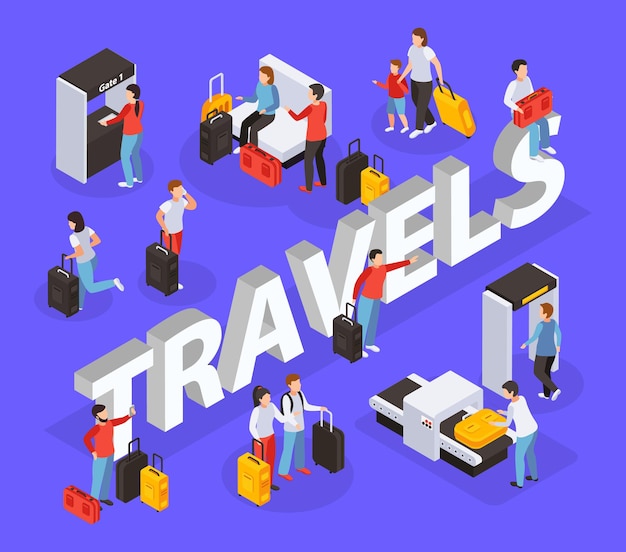 Traveling people composition with security check and waiting symbols isometric   illustartion