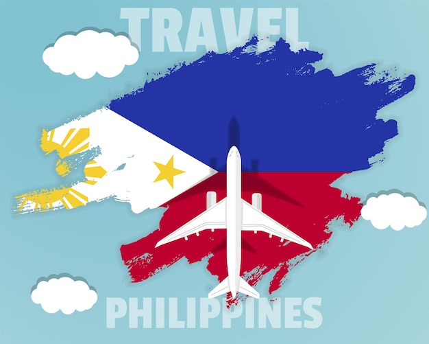 Traveling to Philippines top view passenger plane on Philippines flag country tourism banner idea