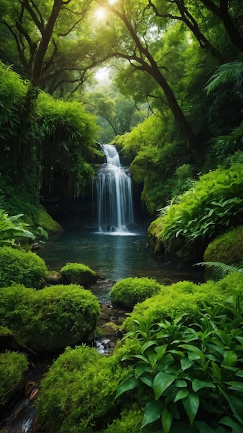 Vector traveling a relaxing waterfall in a tropical forest pro shot