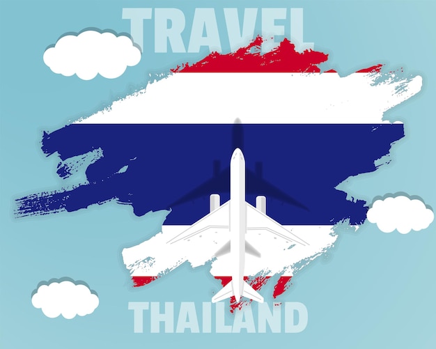 Traveling to Thailand top view passenger plane on Thailand flag country tourism banner idea