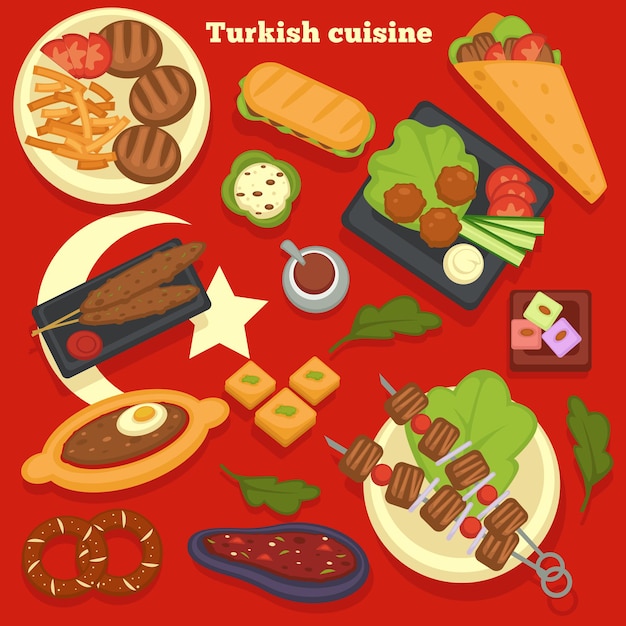 Traveling Turkish cuisine meals and dishes culinary recipes vector Turkey kitchen shashlik or bbq steaks and french fries doner or kebab sandwich and meatballs with salad bakery products and meat