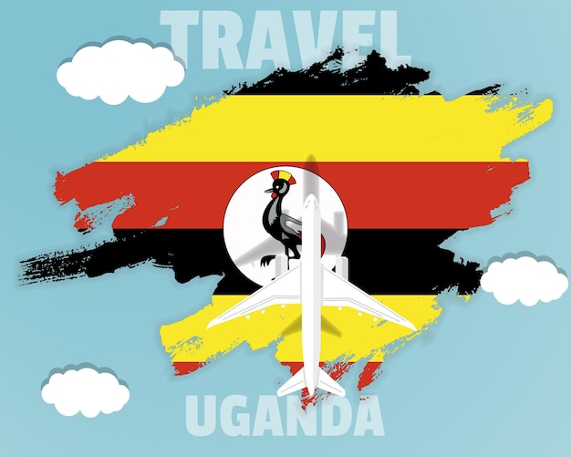 Traveling to Uganda top view passenger plane on Uganda flag country tourism banner idea