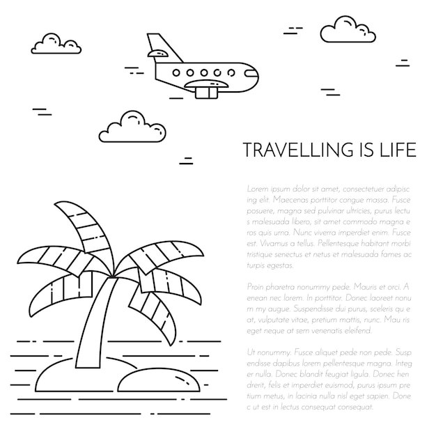 Traveling vertical banner with palm on island, airplane and starfish in circle.