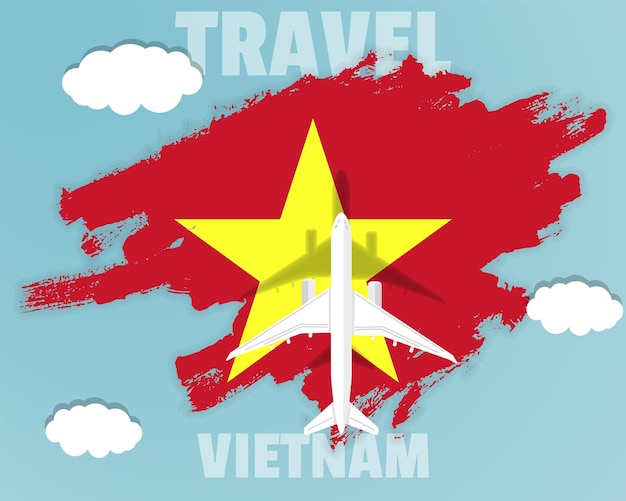 Traveling to Vietnam top view passenger plane on Vietnam flag country tourism banner idea