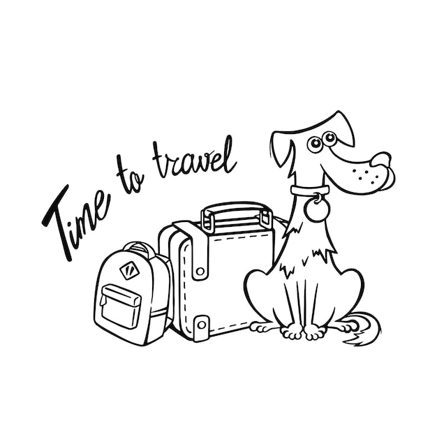 犬と旅行する可愛いペットと旅行バッグの子犬が海外のフライトを待っています