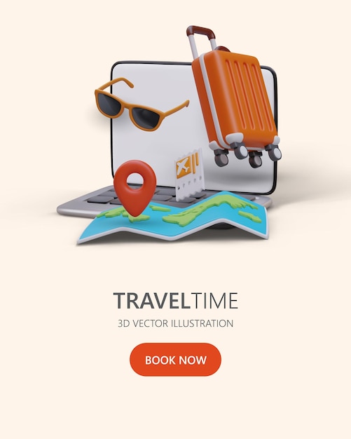 Traveling with laptop Vacation for freelancer remote manager Combination of work and vacation Resorts with good Internet access Business control from resort Promotional poster 3D illustration