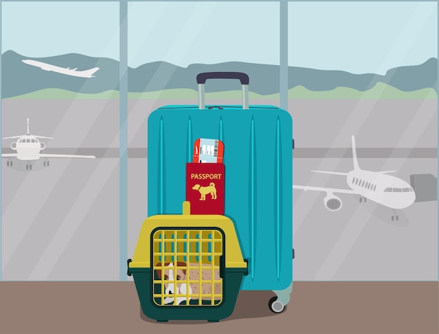 Vector traveling with pets a suitcase and a dog carrier a ticket and a veterinary passport