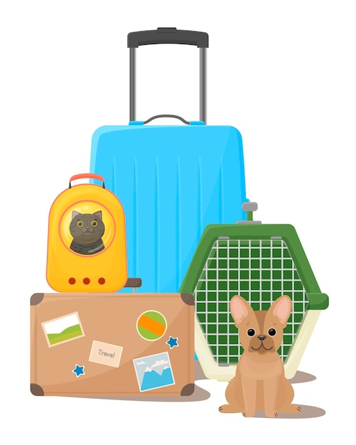 Vector traveling with pets suitcases backpack and dog carrier a happy dog next to a cage