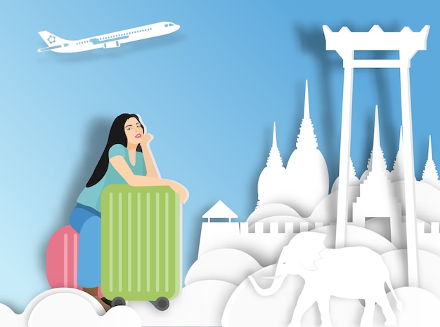 Vector traveling woman with suitcase on thailand background