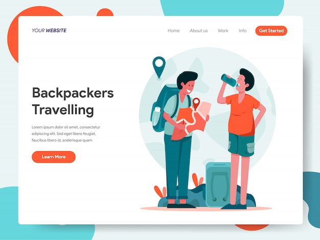 Vettore banner per viaggiatori con zaino e sacco a pelo per landing page