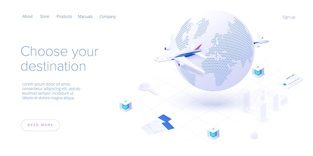 Travelling by air concept in isometric  landing page. Around the world flight tour or trip. Cheap airline tickets searching and booking service. Website layout or web banner template.