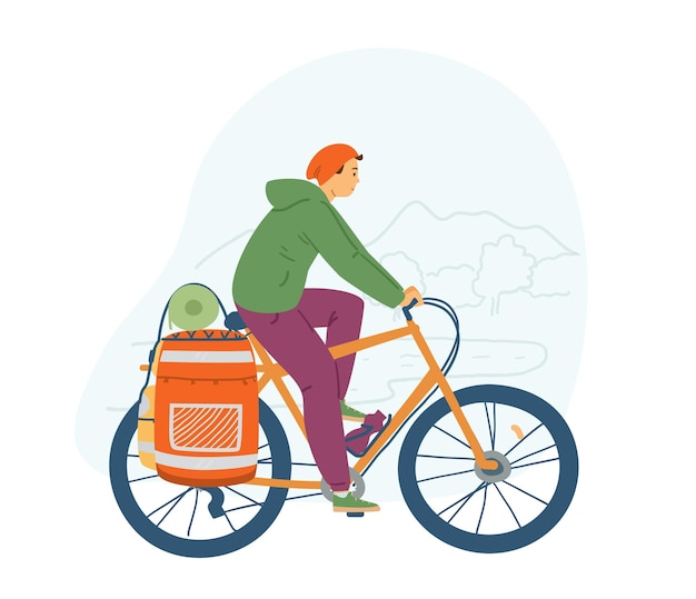 Travelling by bike flat vector illustration Young man riding a bike with backpack and tourist mat