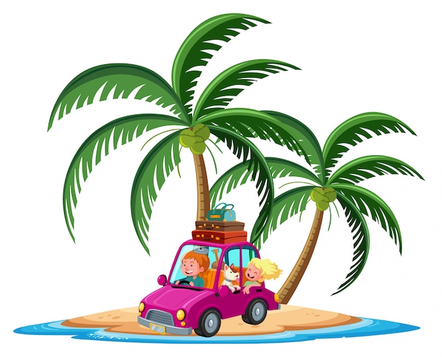 Travelling car on the tropical island cartoon character on white background