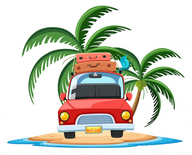 Auto in viaggio sul personaggio dei cartoni animati dell'isola tropicale su priorità bassa bianca