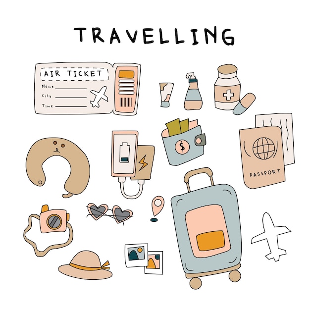 travelling doodle colour air ticket passport