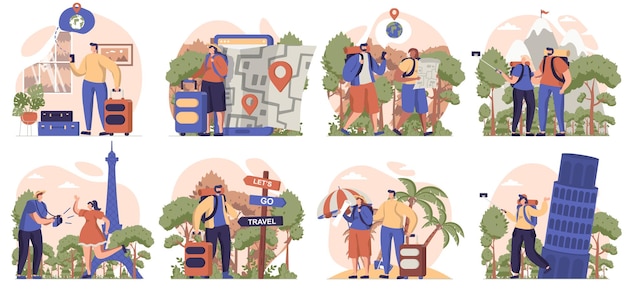 Vector travelling people collection of scenes isolated travelers go on vacation hiking resort