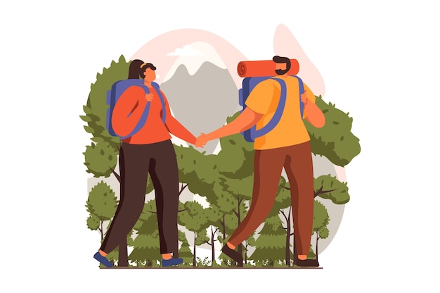 Vector travelling web concept in flat design couple with backpacks goes on vacation together and trekking
